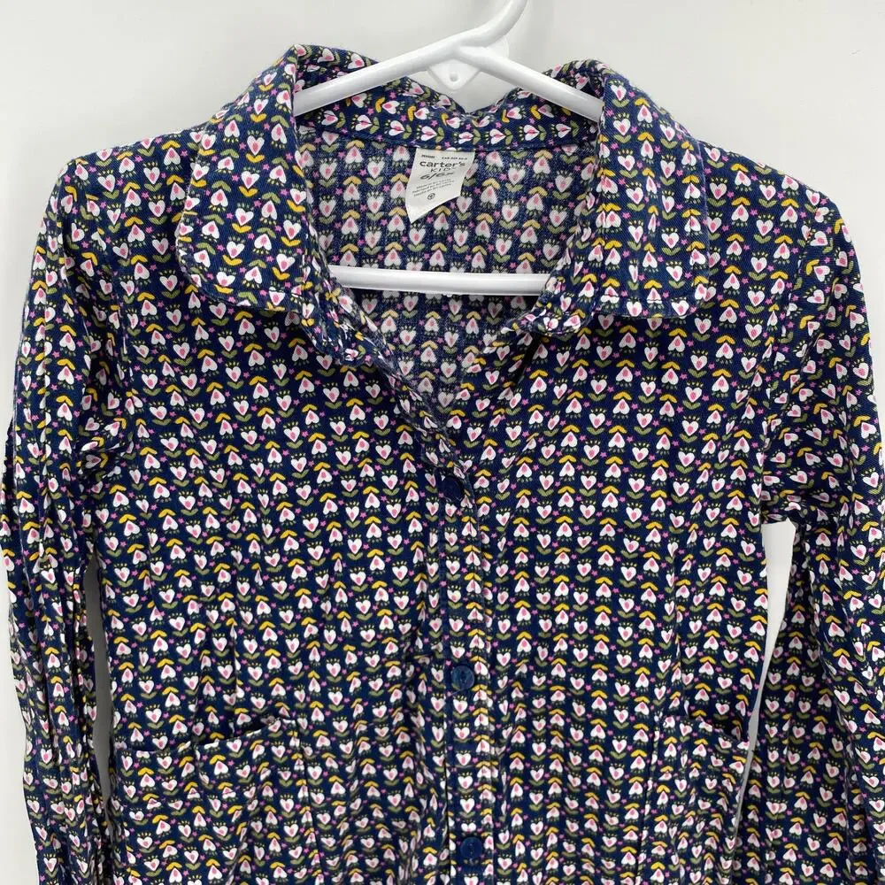 Carters Girls Heart Print Button Front Long Sleeve Shirt Blue Size 6-6X